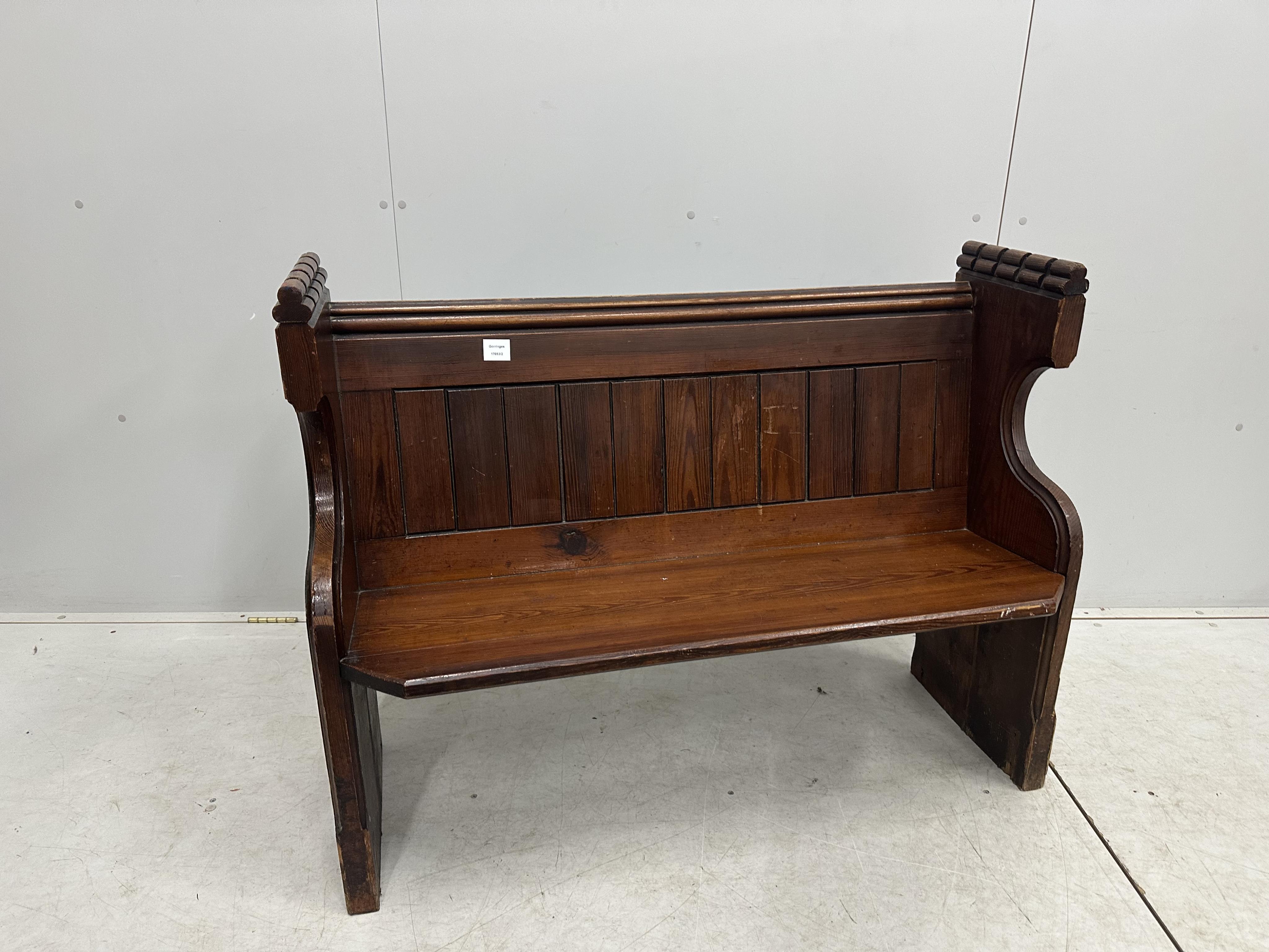 A Victorian pitch pine pew, width 113cm, depth 45cm, height 87cm. Condition - fair